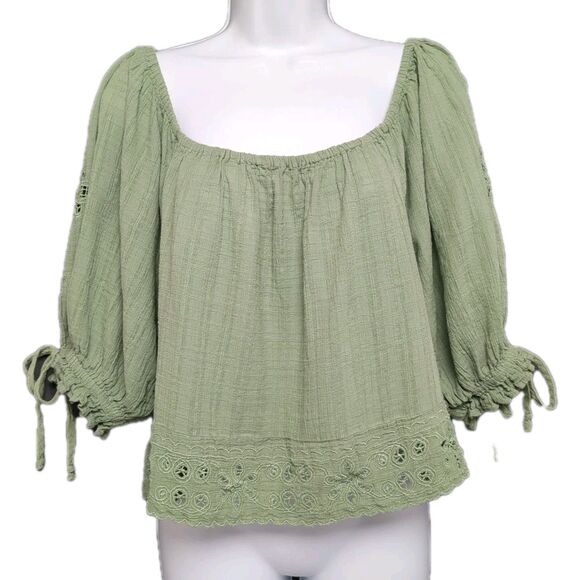 American Eagle Wide Neck Puff-Sleeve Olive Green Eyelet Puff-Sleeve Blouse Large - Picture 2 of 9